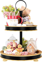 Urban Deco Wood Tiered Tray - 2-Tiered Farmhouse Serving Tray with Metal Handle for Kitchen Counter or Living Room Table