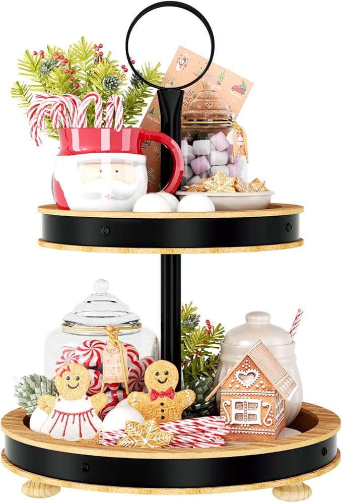 Urban Deco Wood Tiered Tray - 2-Tiered Farmhouse Serving Tray with Metal Handle for Kitchen Counter or Living Room Table