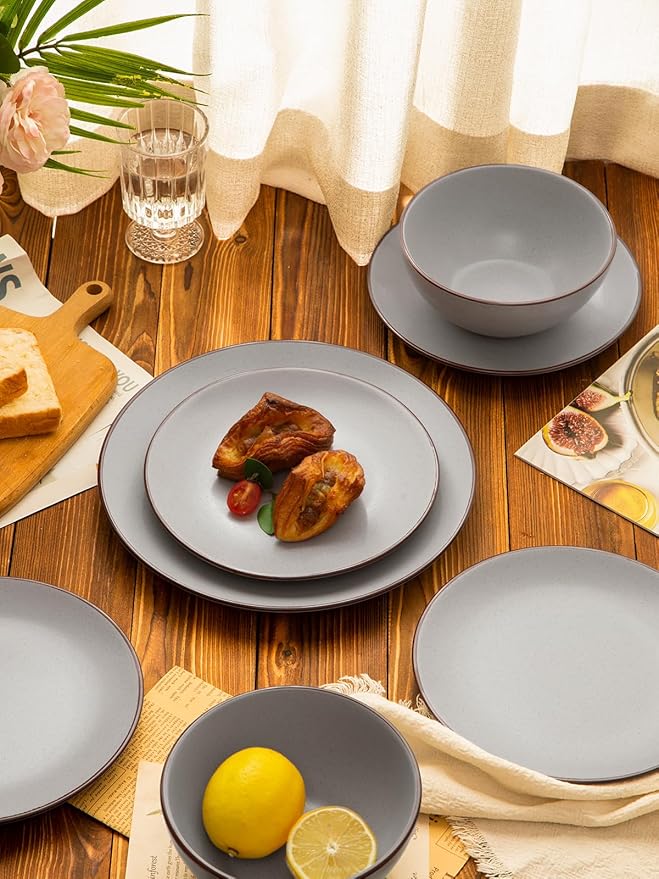 Famiware Venus Plates and Bowls Sets, 12 Pieces Stoneware Speckled Dishes Dinnerware Set for 4, Matte Light Gray - Microwave & Dishwasher Safe, Modern Minimalist, for Everyday Meals & Formal Dining