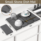 Small Stone Dish Drying Mat for Kitchen Counter, 2 PCS 16"×12" & 8"x4" Quick Dry Stone Mats, Foldable Water Absorbing Diatomite Drying Dish Pad for Countertop Bottles Utensils Cups(Carved Gray)