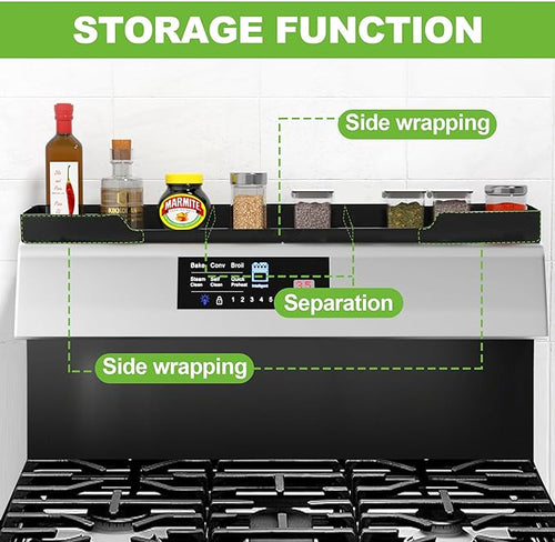 30 Inch Magnetic Stove Top Shelf | 3-Zone Kitchen Organizer with Anti-Slip & Anti-Fall Design | Heat Resistant (-40°F to 446°F) Food-Grade Silicone Spice Rack for Flat Stoves-Black