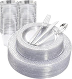Ciaell 150PCS Clear Silver Plastic Plates - Silver Disposable Plates include 25Dinner Plate, 25Dessert Plate, 25Forks, 25Knives, 25Spoons, 25Cups for Weddings & Parties
