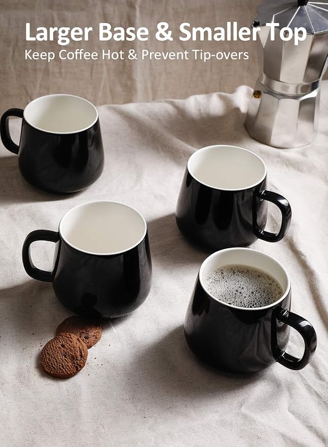 Teocera Ceramic Coffee Mug Set of 4-12 oz Coffee Mugs with Large Handles for Hot or Cold Drinks Like Latte, Cocoa, Tea or Juice - Smooth Ceramic, Dishwasher Safe，Black