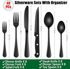 Black 49 Pieces Stainless Steel Flatware Sets With Organizer,Black Silverware Sets With Steak Knives Service For 8,Black Tableware Cutlery Sets For Home Kitchen