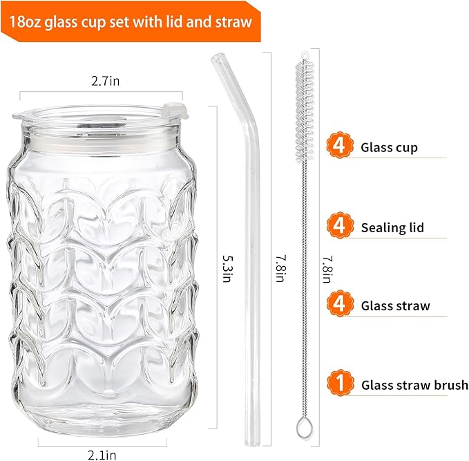 Jiuchen 4-Pack 18oz Borosilicate Glass Cups with Leakproof Lids & Straws,Multi-Use Tumblers for Office and Home - Iced Coffee, Smoothies, Cocktails, Juice, Iced Tea & Protein Shakes, Dishwasher Safe