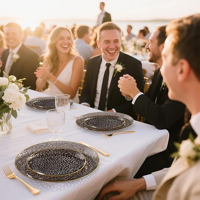 DaYammi 175PCS Clear Black and Gold Plastic Dinnerware Set for Party, Hammered Disposable Plates for Party, Include: 25 Dinner Plates, 25 Dessert Plates, 75 Gold Silverware 25 Napkins 25 Cups