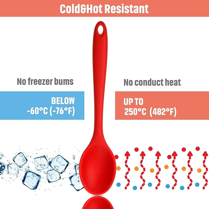 Boao 4 Pcs Silicone Spoons for Cooking 10.6 Inch Large Nonstick Serving Spoons Heat Resistant Slotted Spoon for Mixing & Stirring Kitchen Cooking Utensils, Dishwasher Safe(Red)
