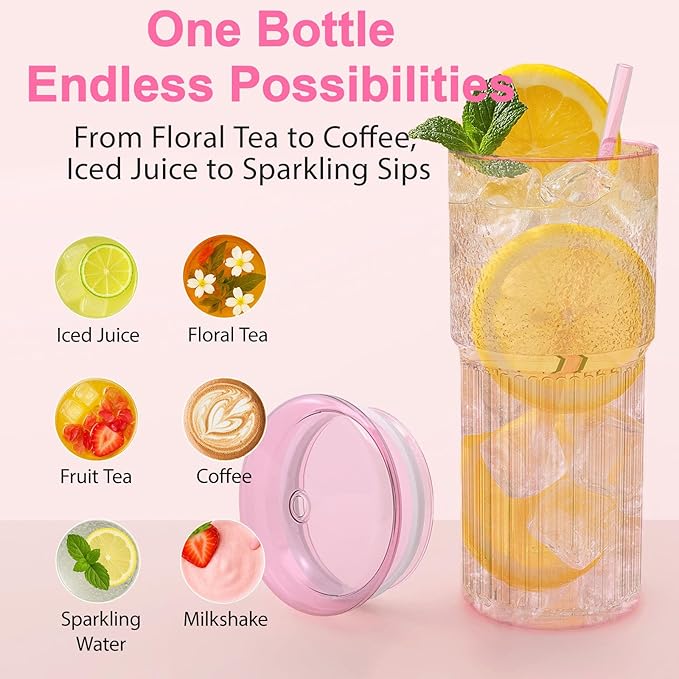 Luiaiog Glass Cups with Lids and Glass Straws, High Borosilicate 20OZ Pink Tumblers (2Pcs) for Coffee, Tea, Juice, Smoothies, Hot & Cold Drinks at Home/Office