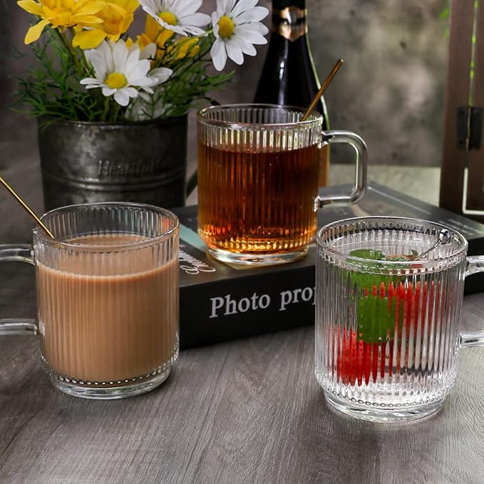 Clear Glass Coffee Mug Set of 4, 12 Ounces Ribbed Glassware with Spoon, Classic Vertical Stripes Tea Mugs for Soda, Latte, Espresso, Cappuccino, Gift for Birthday Holidays Wedding Anniversary