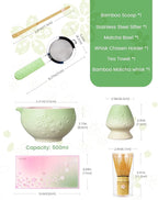 Matcha Whisk Set, 6pcs Matcha Set Includes Matcha Bowl, Bamboo Whisk & Scoop with Cute Charm, Chasen Holder, Innovative Sifter, Tea Mat for Japanese Tea Ceremony, Pale Green