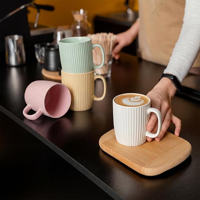 Coffee Mugs Set of 4, 14oz Ceramic Coffee Cups Set, Modern Ribbed Striped Coffee Cups with Large Handles for Latte, Tea, Cocoa, Dishwasher & Microwave Safe, Lead-Free, Stackable