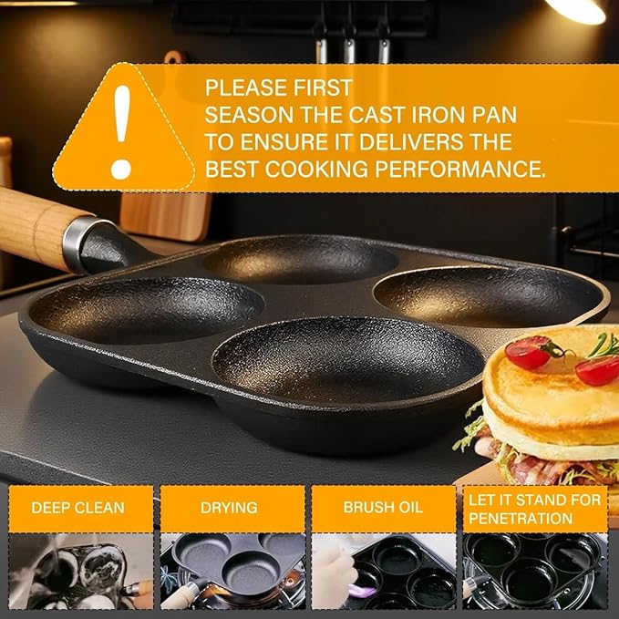 Cast Iron 4-Cup Egg Pan Skillet, Small Omelette Pan, Family Breakfast Pan for Eggs, Pancakes, Sandwich & Bruger, Suitable for Gas Stove and Induction Cooktop, Natural Nonstick with Seasoning, 7.5 inch