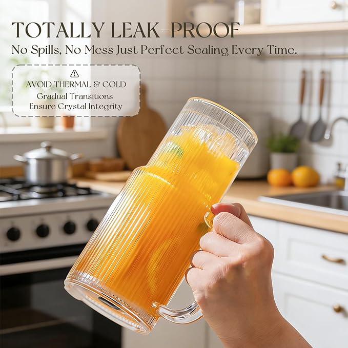 KEMORELA 26oz Ribbed Glass Tumbler with Handle & Lid, 2-Pack Clear large Iced Coffee Cups with Straws, Spill proof Glass Mug for Cold & Hot Beverages, Travel Cup for Smoothies, Tea, and Juice