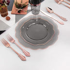 BUCLA 30Guests Clear Black Plastic Plates With Rose Gold Silverware & Cups - Rose Gold Rim Plastic Dinnerware Ideal for Party & Mother's Day