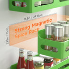 4 Pack Strong Magnetic Spice Rack for Refrigerator, Multipurpose Magnetic Shelf for Fridge with 4 Hooks for kitchen and Bathroom Organization, Green