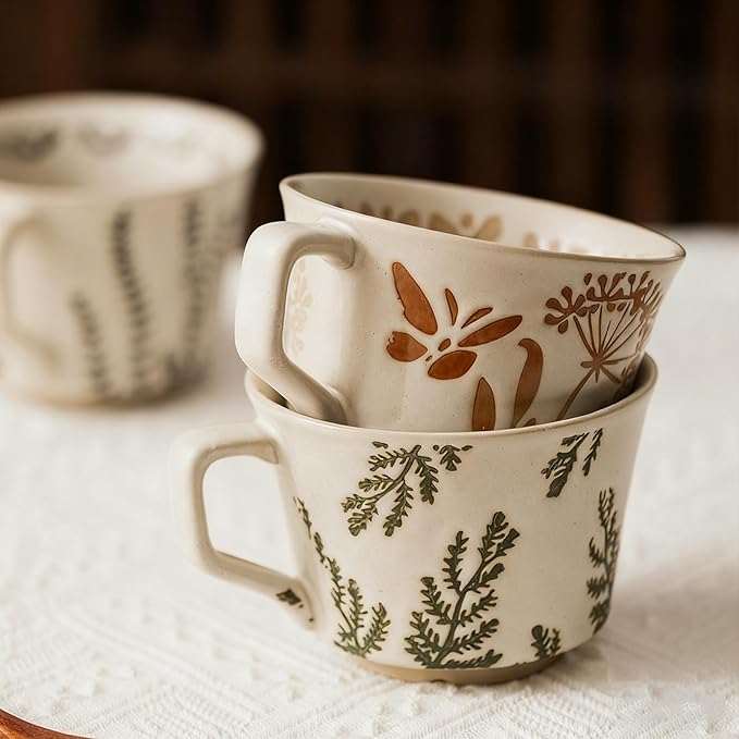 Vintage Ceramic Mug Set - 12 oz Unique Ceramic Coffee Mugs & Tea Cups with Hand-Drawn Patterns, Dishwasher & Microwave Safe, Ideal Gift