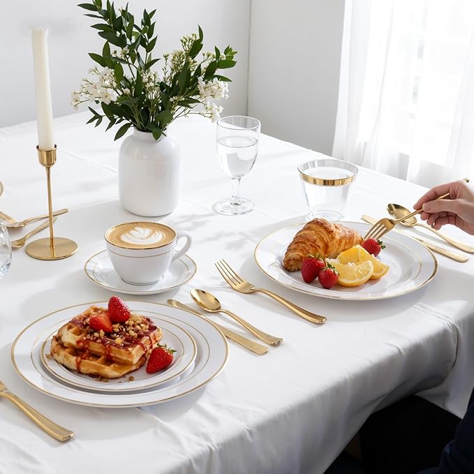 WDF Partyware 175PCS White and Gold Plastic Plates - Gold Plates with Rolled Napkins for Party - 25Guest Disposable Dinnerware Sets for Wedding/Baby Shower/Spring/Birthday/Mother's Day