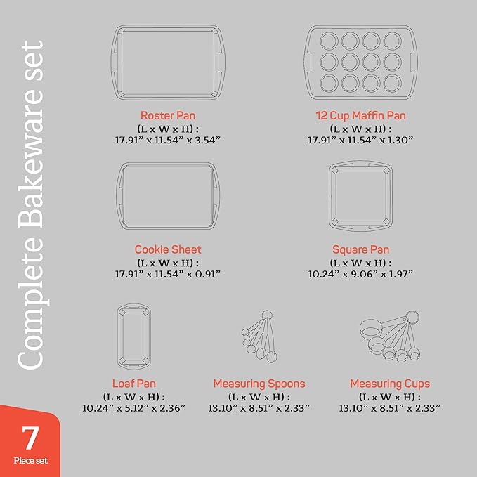 Stackable Baking Pan Set - Deluxe Nonstick Gray Marble Coating, Carbon Steel Bakeware Sets, PFOA, PFOS, PTFE Free, Recipe Booklet Included, Oven Safe (Up to 450°F), Set of 7