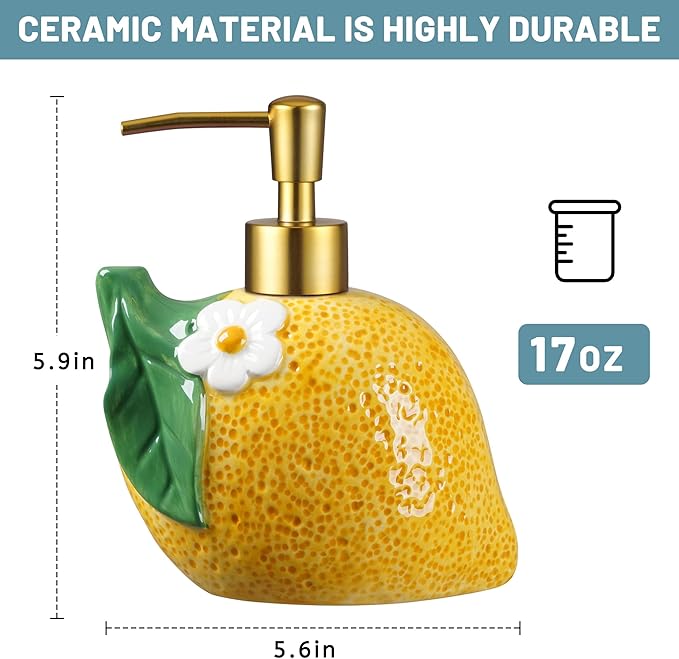RQYIXI 17 OZ Lemon Ceramic Soap Dispenser with ABS Pump,Refillable Liquid Bathroom soap Dispenser for Lotion ,Body Wash ,Cute Kitchen Soap Dispenser for Dish Soap,Hand Soap