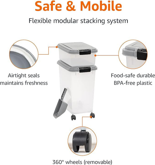 Amazon Basics 3-Piece Airtight Pet Food Storage Container Combo with Scoop, BPA Free, Removable Wheels, 33 QT + 12 QT