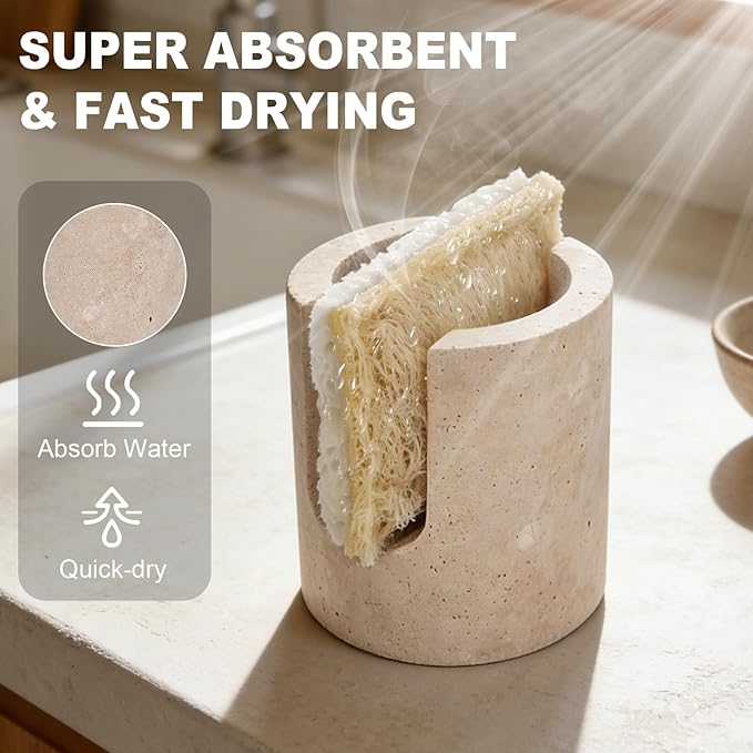 Natural Travertine Sponge Holder for Kitchen Sink Counter w A Plant-Based Kitchen Sponge, Fast Drying, Durable, Compact, Wabi-Sabi & Unique Sponge Caddy, Sink Organizer, Beige Travertine Decor