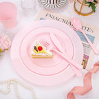 KIRE 150 Pieces Pink Plastic Plates Disposable - Pink Dinnerware Set Include 25 Dinner & 25 Salad Plates 25 Forks 25 Knives 25 Spoons 25 Cups for Baby Shower/Bridal Shower/Mother's Day