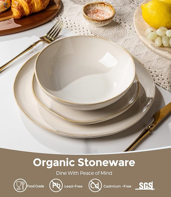 GBHOME Stoneware Dinnerware Sets for 6, 18 Pieces Rustic Ceramic Plates and Bowls Set, Handmade Reactive Glaze Plate Sets, Highly Chip Resistant Dishes, Microwave & Dishwasher Safe, Antique White