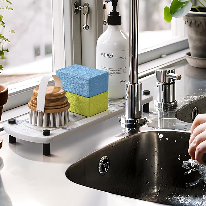 Instant Dry Sink Caddy Organizer, Stone Sink Tray with Stainless Steel Feet, Fast Drying Sponge and Soap Dispenser Holder for Kitchen and Bathroom Countertop