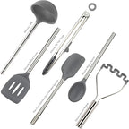 Tovolo Silicone Cooking Utensil Set of 6 Stainless Steel Handle Ladle Slotted Turner Tongs Flex Core Spatula Scraper Mixing Spoon & Potato Masher, Dishwasher Safe BPA Free Utensils, Charcoal Gray