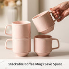 Stackable Coffee Mugs Set: 13 oz Ceramic Stacking Cups for Cappuccino Latte Tea - Microwave Safe Mug for Home & Office - 4 PCS, Pink