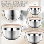 Stainles Steel Mixing Bowls with Lids Set, Stackable Metal Mixing & Serving Bowl with Strainer, 5-Piece - Beige