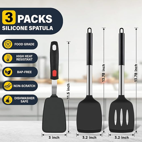3 Pcs Silicone Spatula Set, Heat Resistant Solid & Slotted Turner for Non-Stick Pans, Silicone Cooking Utensils Set, BPA-Free, Flexible Spatula Turner for Flipping Eggs, Burgers, Pancakes, Black