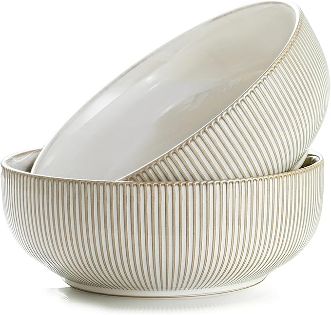 getstar Large Serving Bowls (9.5 inch & 92 fl oz), Ceramic Salad Bowl Set of 2, Microwave and Dishwasher Safe (Embossed Stripes)