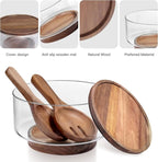 Large Glass Salad Bowls, Salad Bowl Set for Party with Acacia Wood Base and Lid and Salad Serving Utensils, Elegant and Practical Salad Bowls for Kitchen Essentials