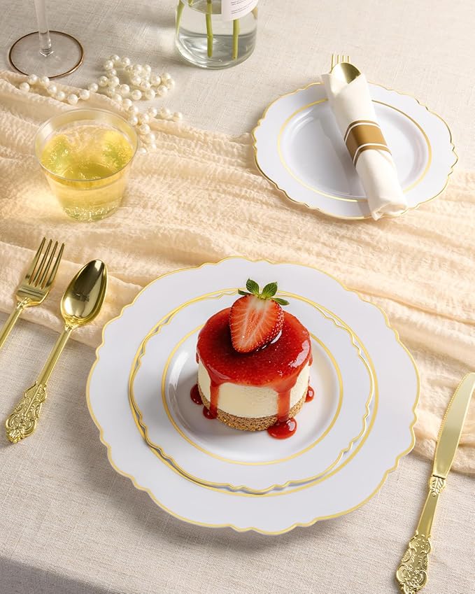 realluck 350 Piece White Gold Plastic Dinnerware Set for 50 Guests Elegant Baroque Disposable Dinnerware for Weddings, Parties, 100 Plastic Plates, 50 Pre Rolled Napkins with Silverware, 50 Cups