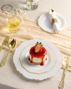 realluck 350 Piece White Gold Plastic Dinnerware Set for 50 Guests Elegant Baroque Disposable Dinnerware for Weddings, Parties, 100 Plastic Plates, 50 Pre Rolled Napkins with Silverware, 50 Cups