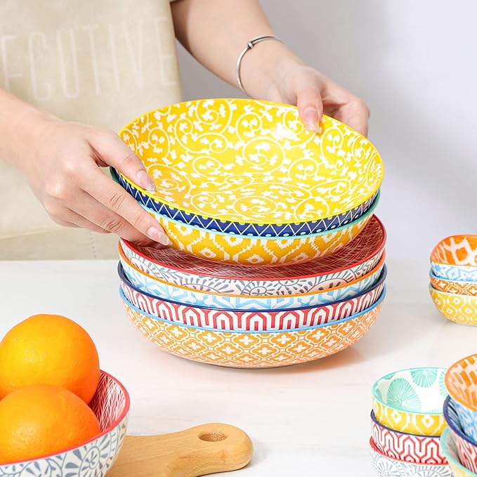 KitchenTour Pasta Bowls 26 Ounce, Porcelain Salad Bowls Serving Bowls Set of 6, 8 inch Ceramic Soup Bowls Dinner Bowls, Dishwasher and Microwave Safe, Assorted Colors