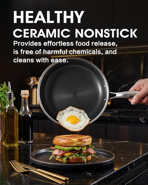 8 Inch Non Stick Frying Pan with Stainless Steel Lid, Hybrid Nonstick Stainless Steel Skillet Stay-cool Handle Dishwasher and Oven-Safe Chef Pan, Induction Compatible Cooking Pan, PFOA Free Cookware