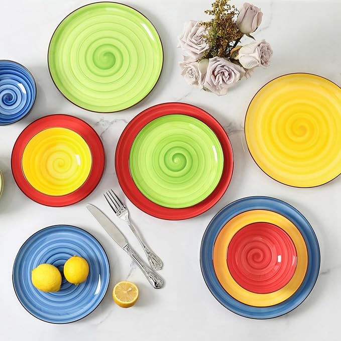 Selamica Ceramic Plates and Bowls Sets,18 Pieces Dinnerware Sets for 6,Dishwasher & Microwave Safe dish set,Family & Holiday Dining, Dopamine