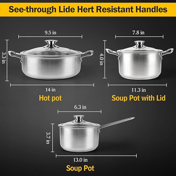 Wodillo 6Pcs Pots and Pans Set, Stainless Steel Pot Set, Nonstick Kitchen Cookware Set, Induction Pots Set with Stay-Cool Handle, Works with Electric and Gas Cooktops, Dishwasher Safe