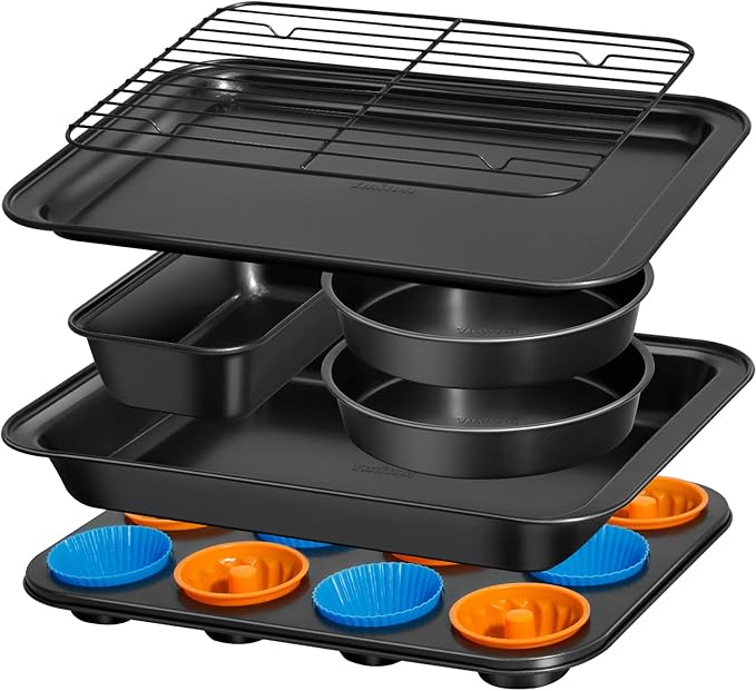 Nonstick Baking Pans Set, 19 PCS Stackable Bakeware Sets, Oven Pan Set Includes Baking Tray, Cookie Sheet, Cake Pans, Loaf Pan, Muffin Pan, Silicone Cups