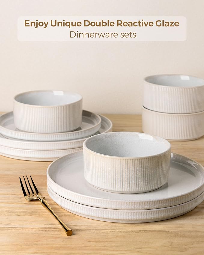 GBHOME 24-Piece Stoneware Dinnerware Set for 8 – Ribbed Ceramic Plates and Bowls, Scratch-Resistant, Microwave & Dishwasher Safe, Reactive Glaze, Sugar White