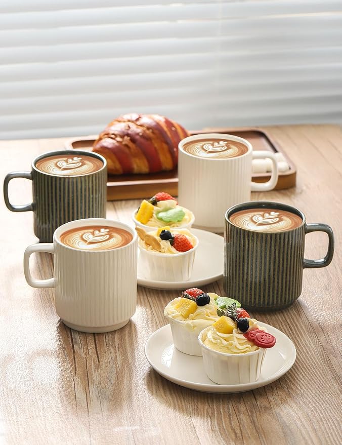 Ceramic Coffee Mugs Set of 4, Ribbed Tea Coffee Cups Set with Handle, Large Porcelain Mug for Americano, Latte, Cappuccino, Hot Chocolate, White