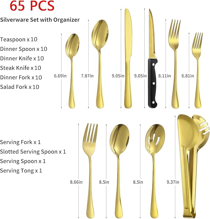 65PCS Gold Silverware Set for 10 with Cutlery Drawer Organizer, Stainless Steel Flatware Set with Steak Knives, Include Spoons and Forks Set & Serving Utensils, Mirror Polished