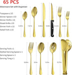 65PCS Gold Silverware Set for 10 with Cutlery Drawer Organizer, Stainless Steel Flatware Set with Steak Knives, Include Spoons and Forks Set & Serving Utensils, Mirror Polished