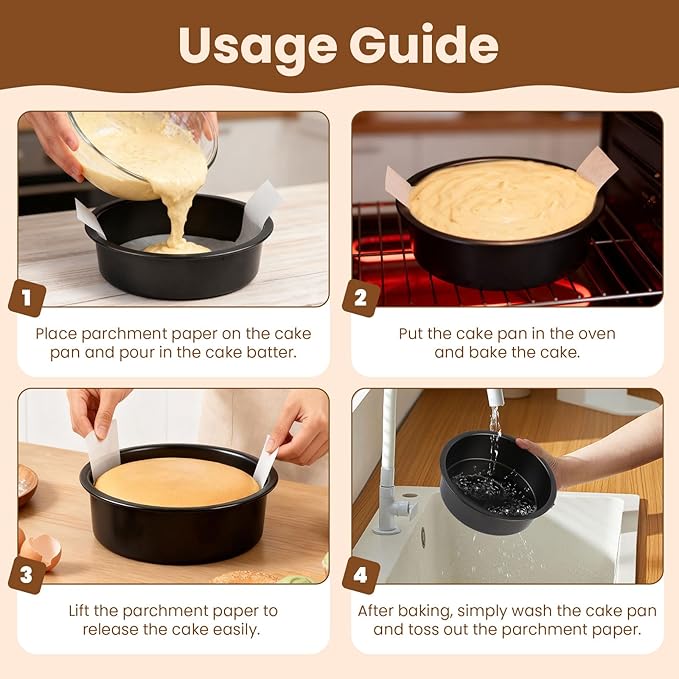 9 Inch Cake Pan Set of 2 - Nonstick Carbon Steel Round Cake Baking Pans with 80 PCS Parchment Paper, Dishwasher Safe, Durable for Large Layer Cakes, Birthday & Christmas Baking