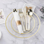 BESTVIP 700PCS Clear Gold Plastic Dinnerware Set for 100 Guests, Disposable Party Plate for Christmas and New Year, Include: 200 Plastic Plates, 100 Pre Rolled Napkins with Silverware, 100 Cups