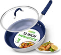 NutriChef 12" Fry Pan With Lid - Large Skillet Nonstick Frying Pan with Silicone Handle, Ceramic Coating, Blue Silicone Handle, Stain-Resistant, Easy To Clean, Professional Home Cookware