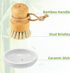 SUBEKYU Bamboo Dish Scrub Brushes, Kitchen Wooden Cleaning Scrubbers Set for Washing Cast Iron Pan/Pot, Natural Sisal Bristles, Set of 2