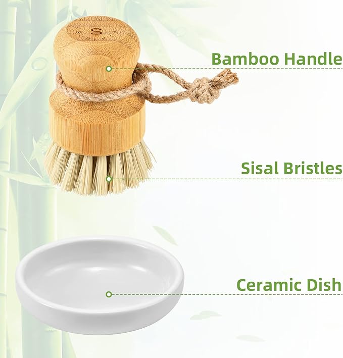 Bamboo Dish Scrub Brushes,Kitchen Wooden Cleaning Scrubbers Set for Washing Cast Iron Pan/Pot, Natural Sisal Bristles, Set of 3